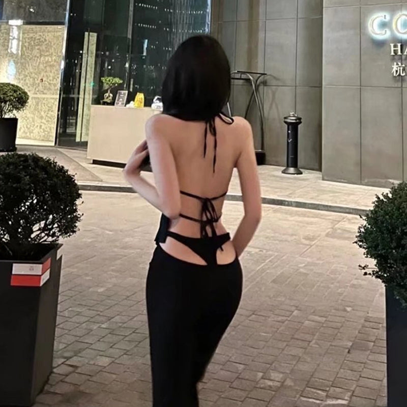 Spring niche design hollowed-out pure desire sexy high-waisted trousers Spice girl sexy slim black micro-flared casual pants women