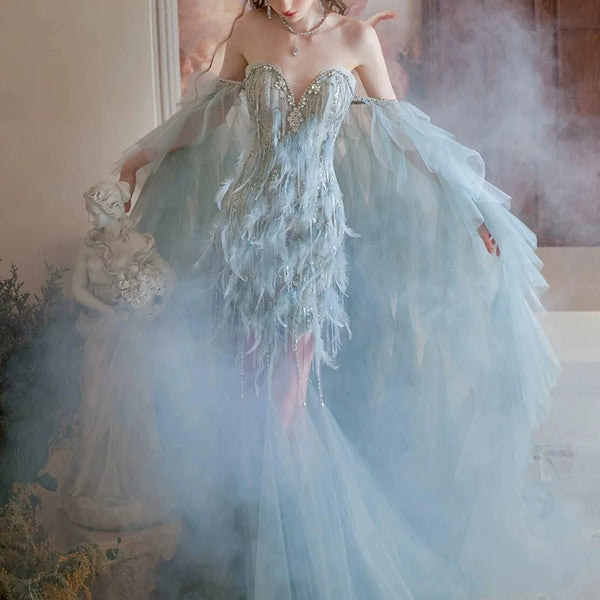 Blue feather tube top evening dress women's high sense birthday party princess dress annual meeting engagement bride toast dress