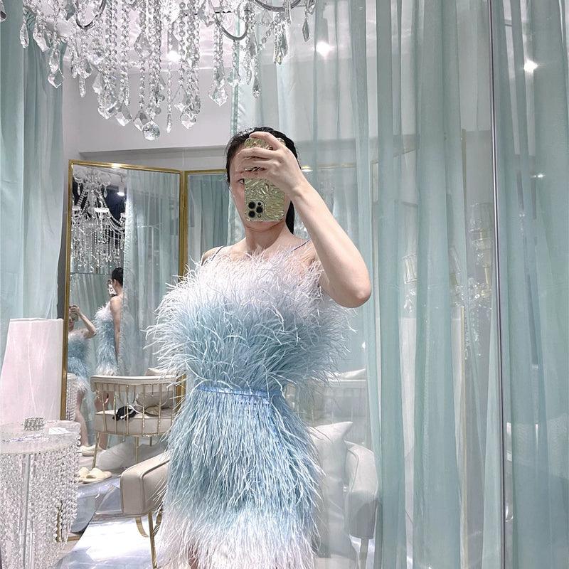 Thousand gold sense of design white swan birthday party heavy industry feather ostrich feather accessible luxury evening dress dress