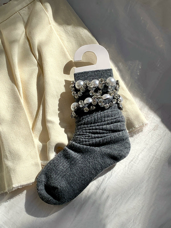 Fashion White Calf Socks Dongdaemun Stacked Socks Rhinestone Pearl Socks Grey Stacking Socks Girls