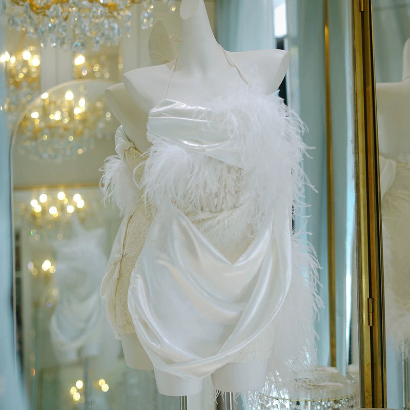 Ostrich hair acetic acid satin neck lace French fairy evening dress dress