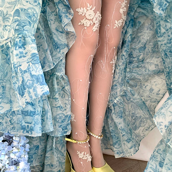 Fashion niche tassel three-dimensional sweet lace pearl handmade socks one-piece socks white bridal wire stockings