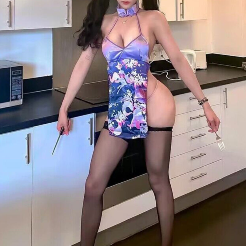 Spicy girl sexy niche design retro cheongsam short skirt pure desire to seduce girls double slit tea break milk series dress