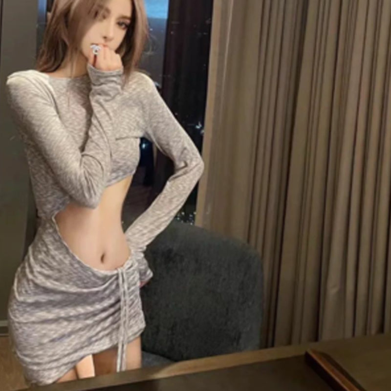 Spring New Sexy Slim Hollow Waist Niche Design Sense Foreign Style Long Sleeve Versatile Bottom Irregular Dress
