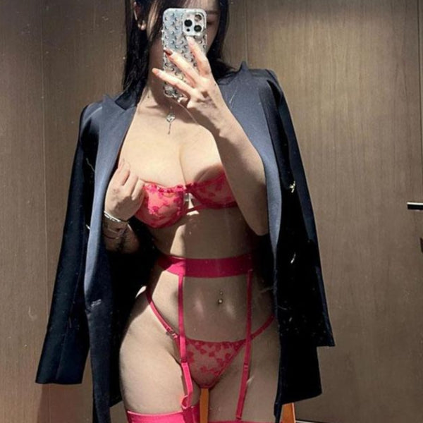 Hot Girl Sexy Embroidered Perspective Bow Bikini Set French Romantic Love Ultra Thin Breathable Three Piece Set Summer