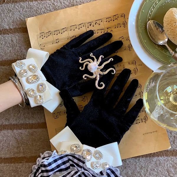 Fashion Niche Spring Summer Court Gorgeous Textured Glossy Ribbon Inlaid Gemstone Black Velvet Jewelry Gloves