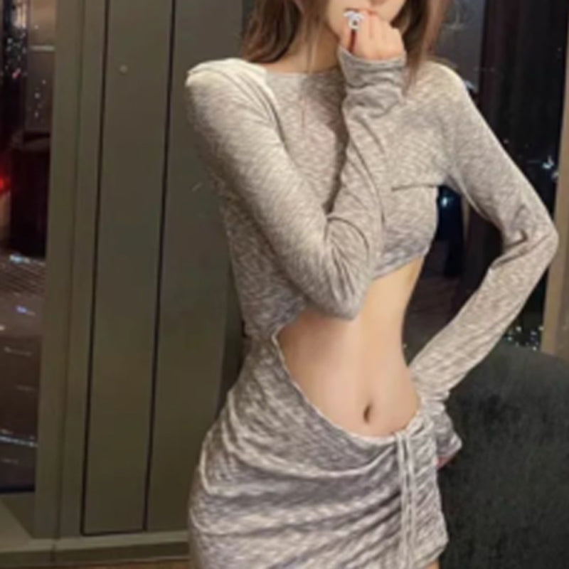 Spring New Sexy Slim Hollow Waist Niche Design Sense Foreign Style Long Sleeve Versatile Bottom Irregular Dress