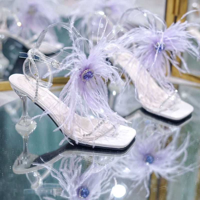 Ostrich feathers transparent one-word buckle high heels straps rhinestone sandals