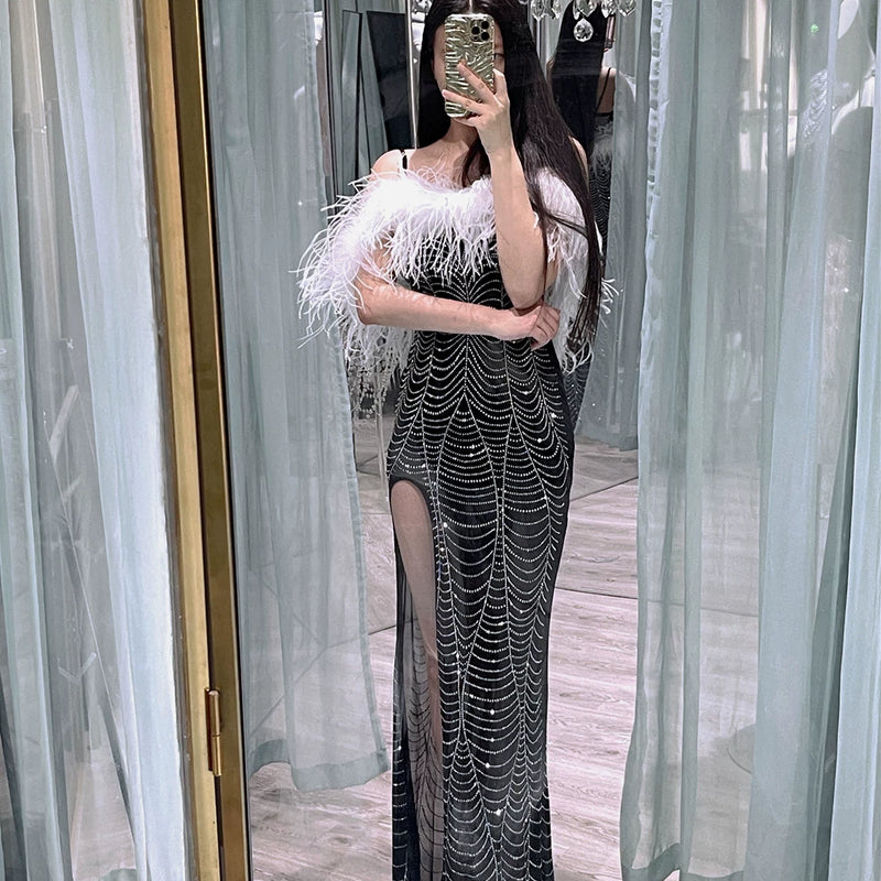 Full Body Hot Diamond Luxury Heavy Industry Ostrich Feather Feather, Extravagant Evening Dress Birthday Dress