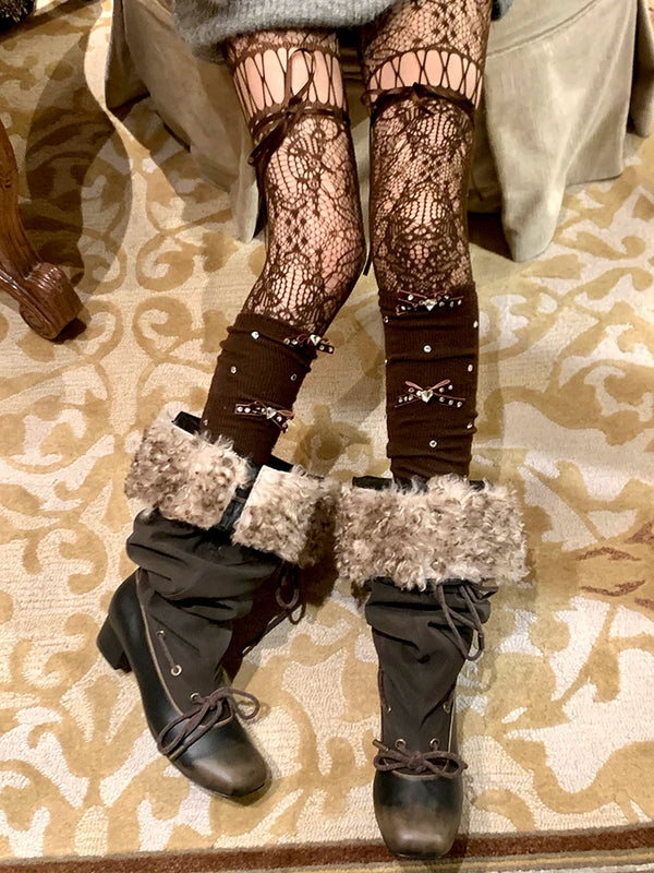 Fashion niche, luxury exaggerated rhinestone pearl bow thin vertical strip ballet calf socks knee socks