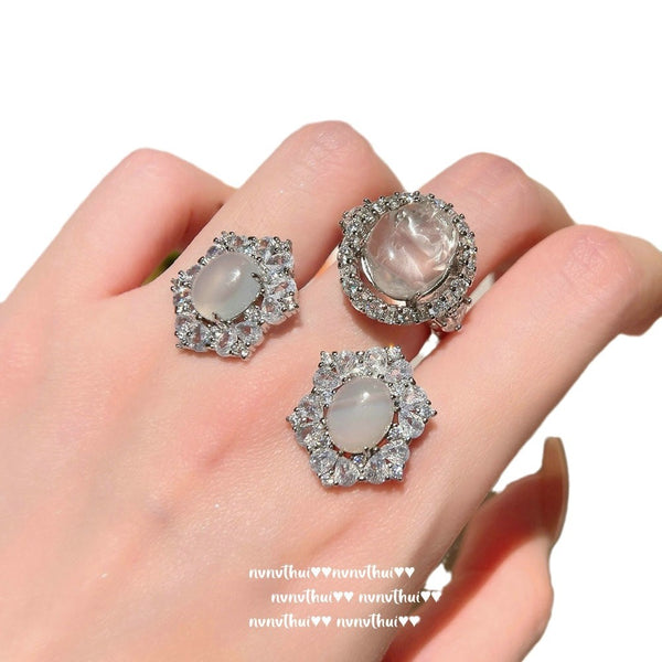 White Moonlight Litchi Frozen Jade Gemstone Bracelet Water Spirit Water Spirit White Jade Gemstone Agate Flower Ring New Chinese Style