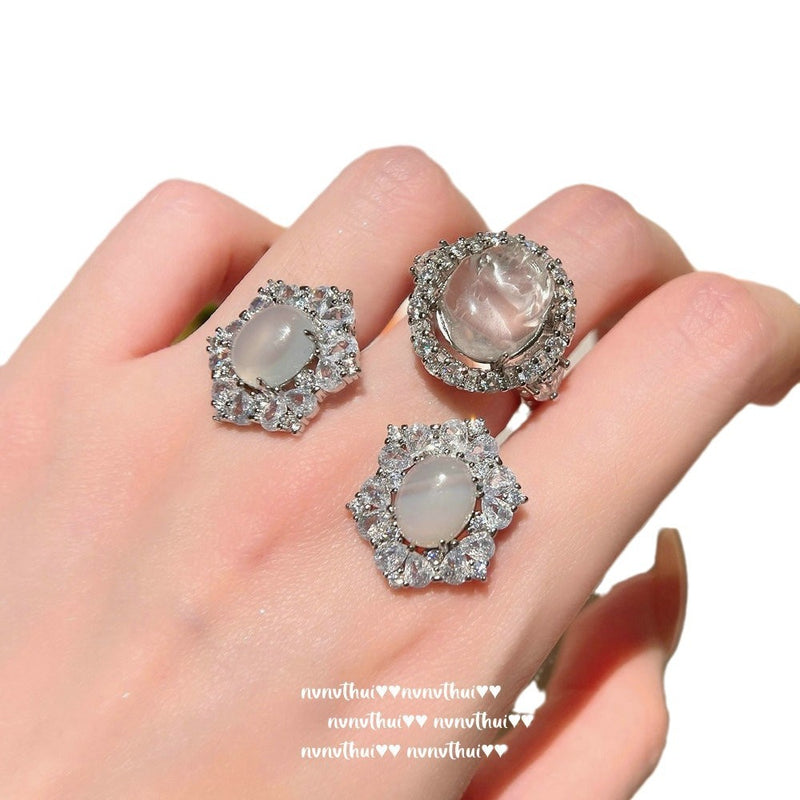 White Moonlight Litchi Frozen Jade Gemstone Bracelet Water Spirit Water Spirit White Jade Gemstone Agate Flower Ring New Chinese Style