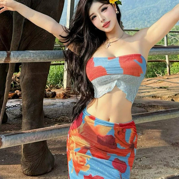 Pure desire style sexy babes hollowed out retro printing open navel vacation fashion chest wrap beach dress two-piece set