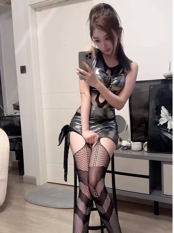 Spicy girl sexy niche design striped hollow stockings tempting jumpsuit stockings fishing net stockings jumpsuit suspender stockings hollow out