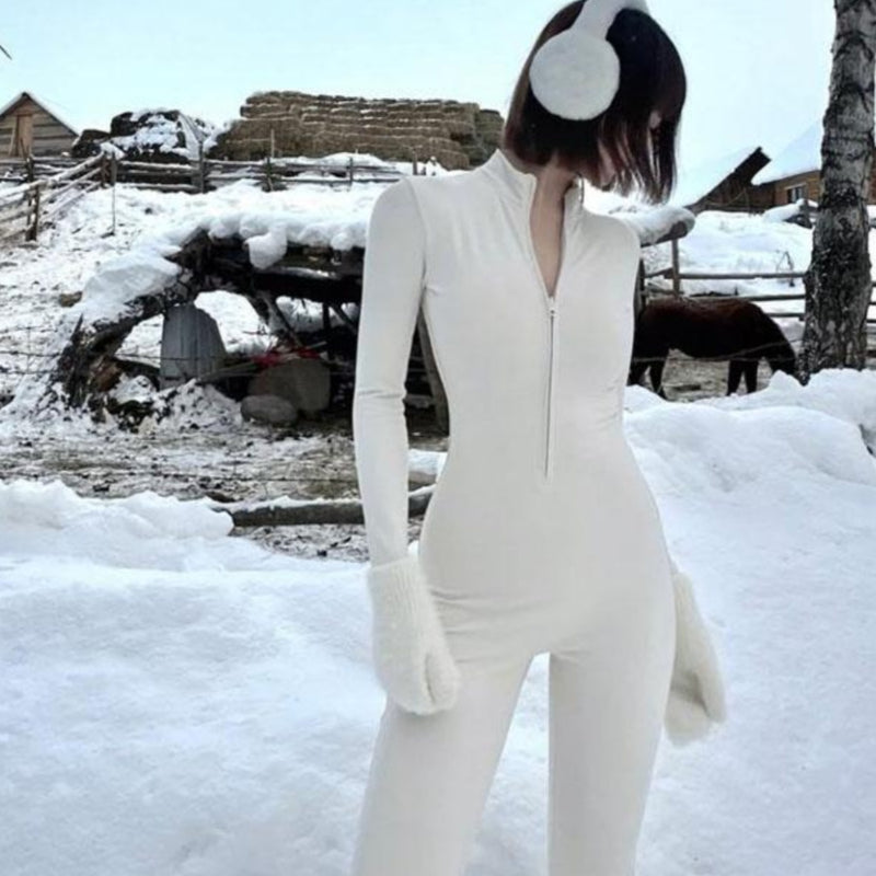 Spice Girl White Snow Zipper Long Sleeve Naked Quick-Drying Jumpsuit Sports Fitness Training Jumpsuit Women