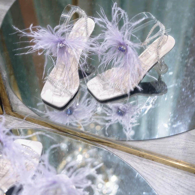 Ostrich feathers transparent one-word buckle high heels straps rhinestone sandals