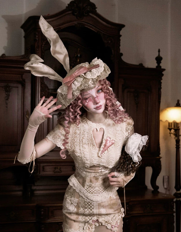 Crew Neck Hollow Elegant Love Vintage Short Lace Top Christmas Halloween Top