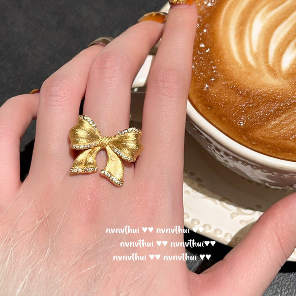 Vintage Star Jade Marrow Starry Sky Gem Ring Vintage Brushed Bow Zircon Necklace