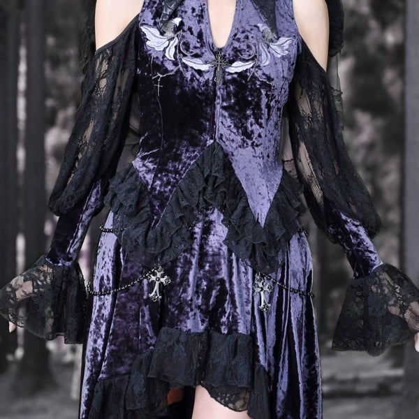 Luna Ritual Velvet Ambience Embroidery Tip Neck Lace Flared Sleeve Top Christmas