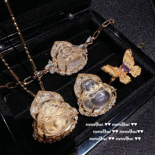 Ancient gold ice transparent water foam jade big belly Buddha necklace New Chinese yellow diamond Buddha necklace zircon bracelet ring