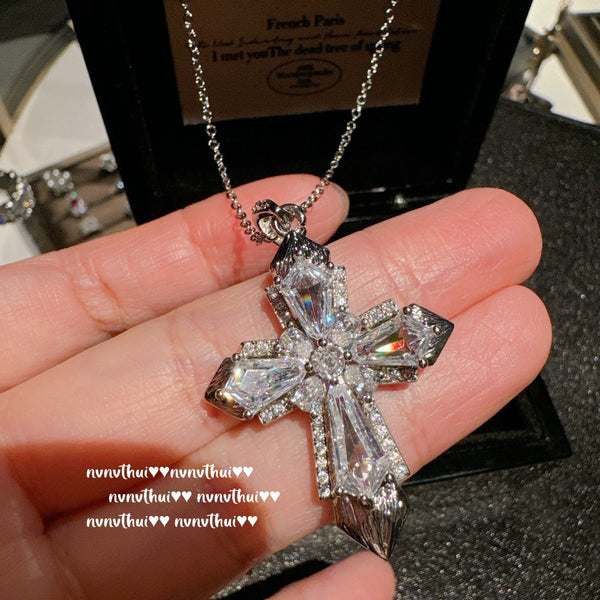 Cross gemstone necklace, water droplet zircon tassel necklace, layered and worn