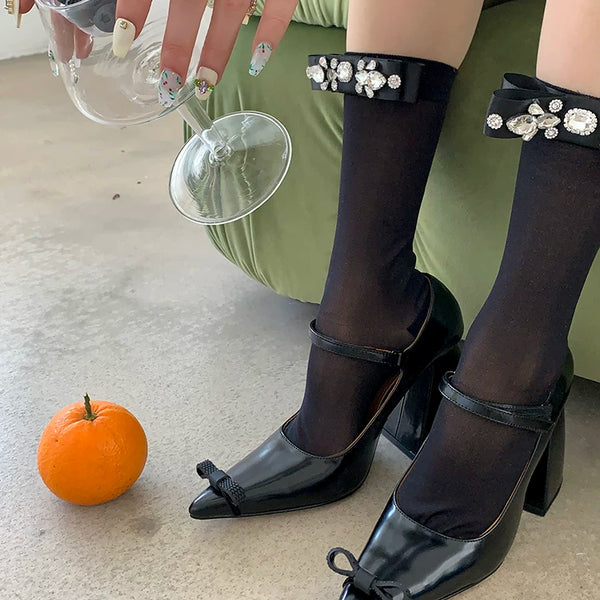 Fashion niche socks full diamond bow socks pearlescent glass socks thin pure desire wind white socks