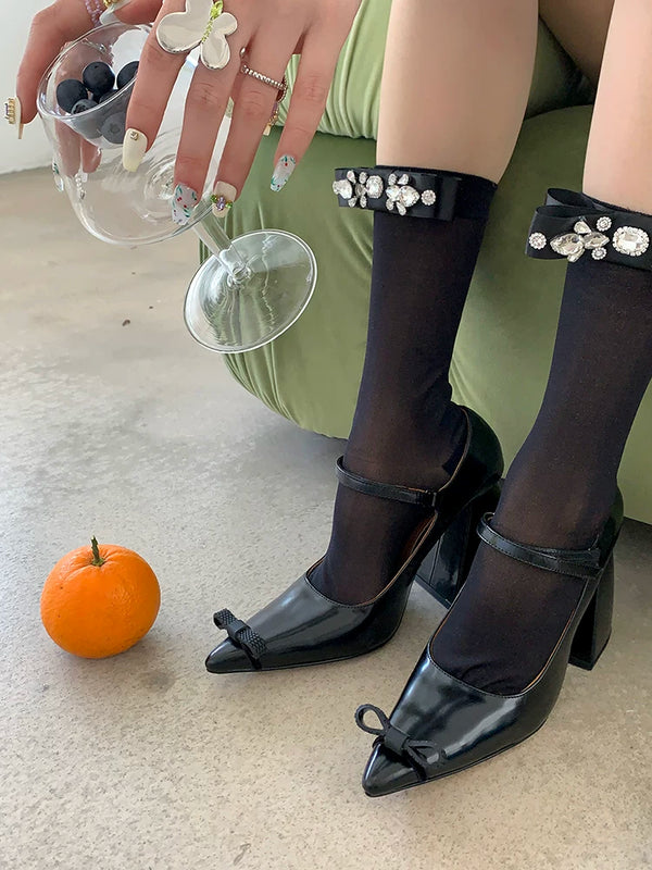 Fashion niche socks full diamond bow socks pearlescent glass socks thin pure desire wind white socks