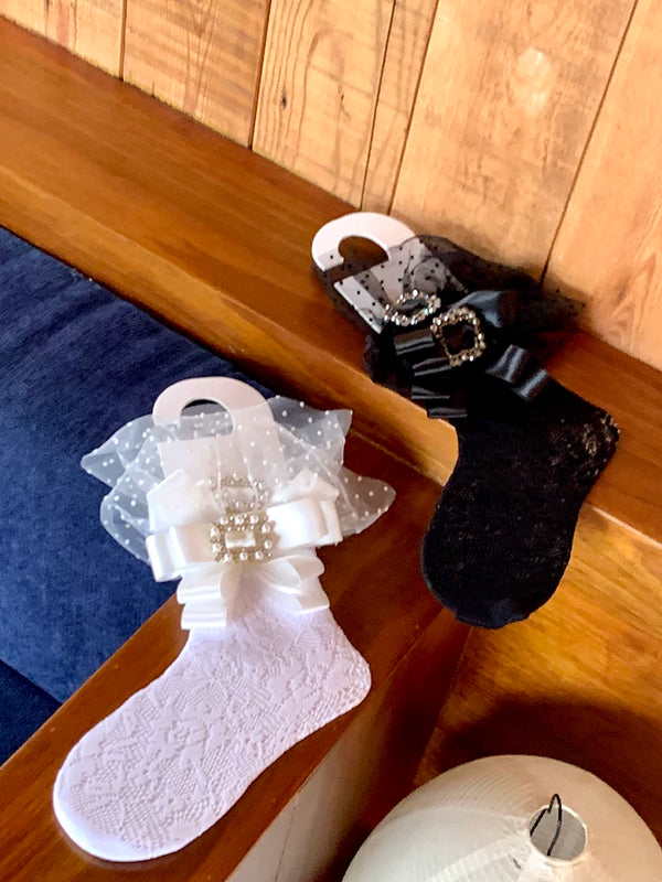 Fashion niche Japanese college style lace lace knee socks women's rhinestone elastic long tube calf net socks