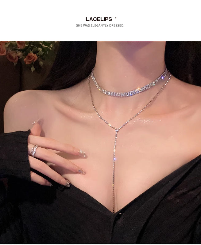 Go to the dinner together~ Full diamond super flash tassel necklace women's light luxury niche design chest chain high-grade collarbone chain neck chain