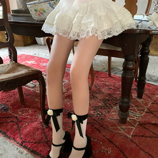 Fashion niche tube socks three-dimensional camellia bow socks summer thin niche design black tube socks