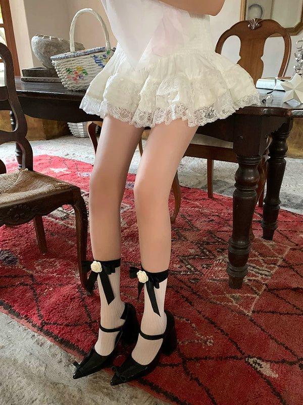 Fashion niche tube socks three-dimensional camellia bow socks summer thin niche design black tube socks