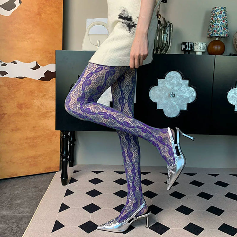 The Profundity Hidden in Color~ Summer French Retro Personality Niche Flower Ben Thin Purple-Green Two-Color Romper Stockings
