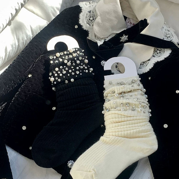 Fashion original niche design hand-sewn drill beads black medium tube stacking socks calf socks