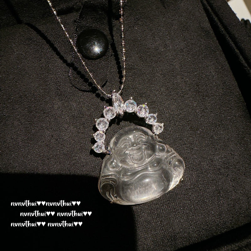 Litchi frozen white jade petal Buddha pendant necklace, new Chinese style ice transparent water foam jade Maitreya Buddha necklace