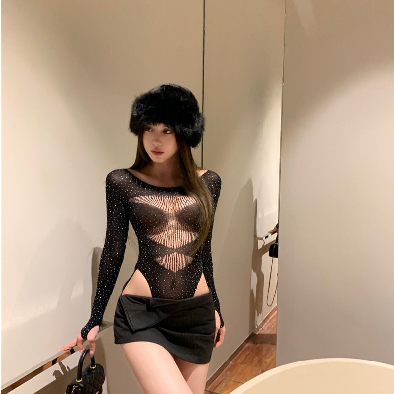 Spicy girl sexy hot stamping diamond elastic hollow jumpsuit autumn and winter printed sparkling diamond long sleeved T-shirt black perspective