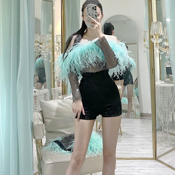 Mint blue-green haute couture heavy industry one-word collar rhinestone feathers ostrich hair tube top