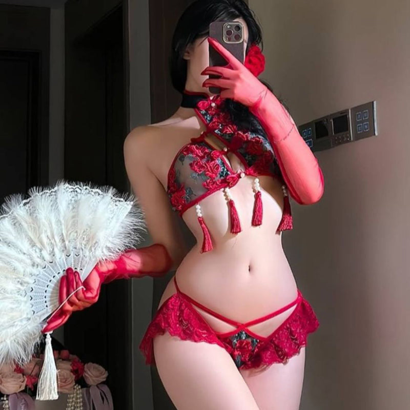 Sexy lingerie women pure desire perspective cheongsam embroidered pajamas tassel retro uniform cute nightgown set war robe