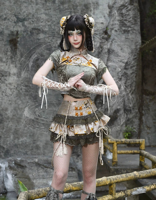 New chinoiserie jacquard snake print slimming tassel short sleeve cheongsam tops christmas halloween