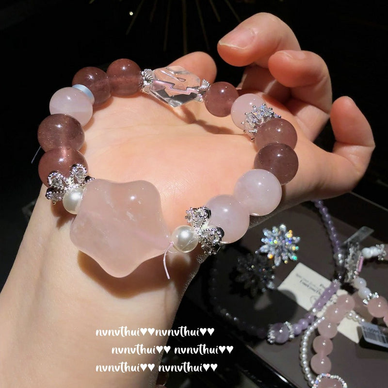 Gilded snow pollen crystal small waist bracelet with pink jade stars, lavender purple bracelet