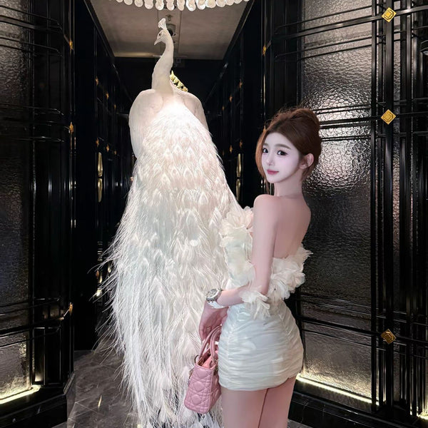 Pure Desire Style Sexy Hot Girl Three-Dimensional Flower Off-Shoulder Dress Women Summer Crop Top Slim Fit Bodycon Short Dress Summer