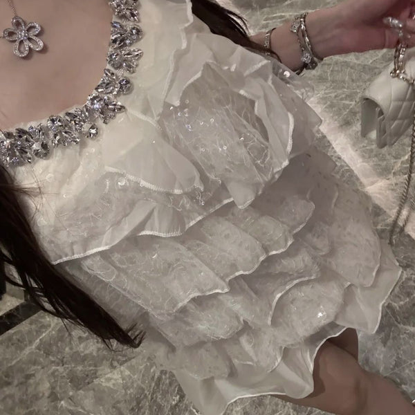 Pure Desire Style Sexy Hot Girl Lace Patchwork Spaghetti Strap Dress Summer Beach Vacation Slimming Rhinestone High-end Feel