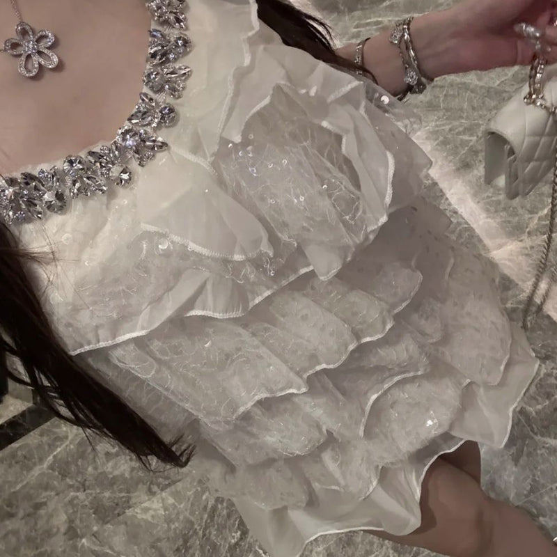 Pure Desire Style Sexy Hot Girl Lace Patchwork Spaghetti Strap Dress Summer Beach Vacation Slimming Rhinestone High-end Feel