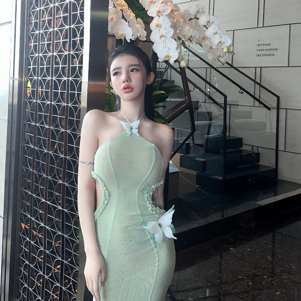 Pure Desire Style Sexy Hot Girl 3D Butterfly Decor Halter Neck Dress Beach Slimming Hollow Out Lace Long Dress