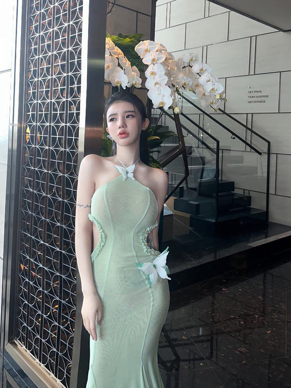 Pure Desire Style Sexy Hot Girl 3D Butterfly Decor Halter Neck Dress Beach Slimming Hollow Out Lace Long Dress