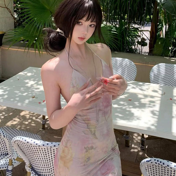 Pure Desire Style Sexy Hot Girl Floral Strap Dress Women Summer Vacation Slim Beach Backless Butterfly Bodycon Long Dress