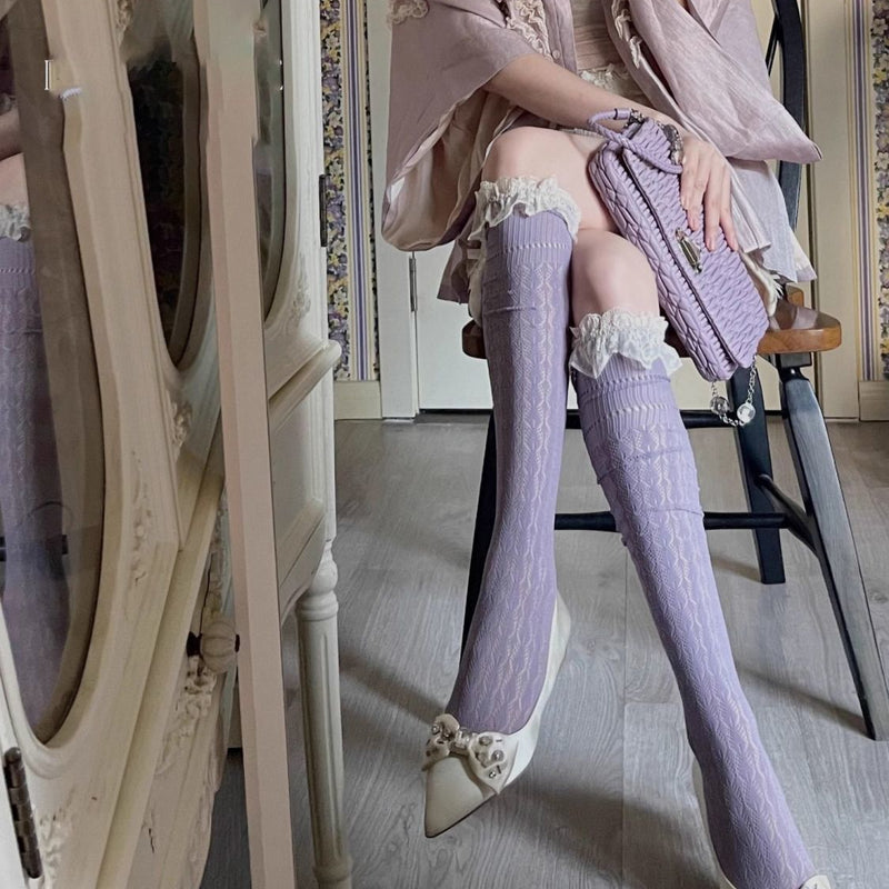 Summer Thin Lace Trim Sexy Long Tube Socks Floral Hollow Breathable Hot Girl Thigh High Versatile Over-the-Knee Slouch Socks