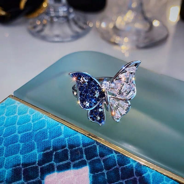 Blue butterfly ring exaggerated European and American INS full diamond luxury index finger ring light luxury Internet celebrity bow ring