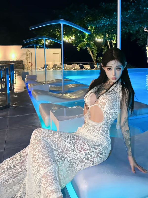 Pure Desire Style Sexy Hot Girl Hollow Out Sheer V-neck Low-cut Lace Halter Dress Sheer Long Dress Beach Dress