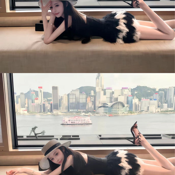 Pure Desire Style Sexy Hot Girl Black Low-Cut Tube Top Dress Summer Slimming Bodycon Furry Color Block Fashion Short Dress