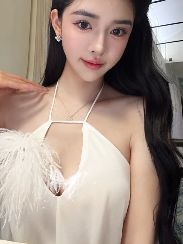 Pure Desire Sexy Hot Girl Feather Strap Dress Summer Beach Vacation Slimming Beach Elegant Noble Lady Bodycon Short Dress